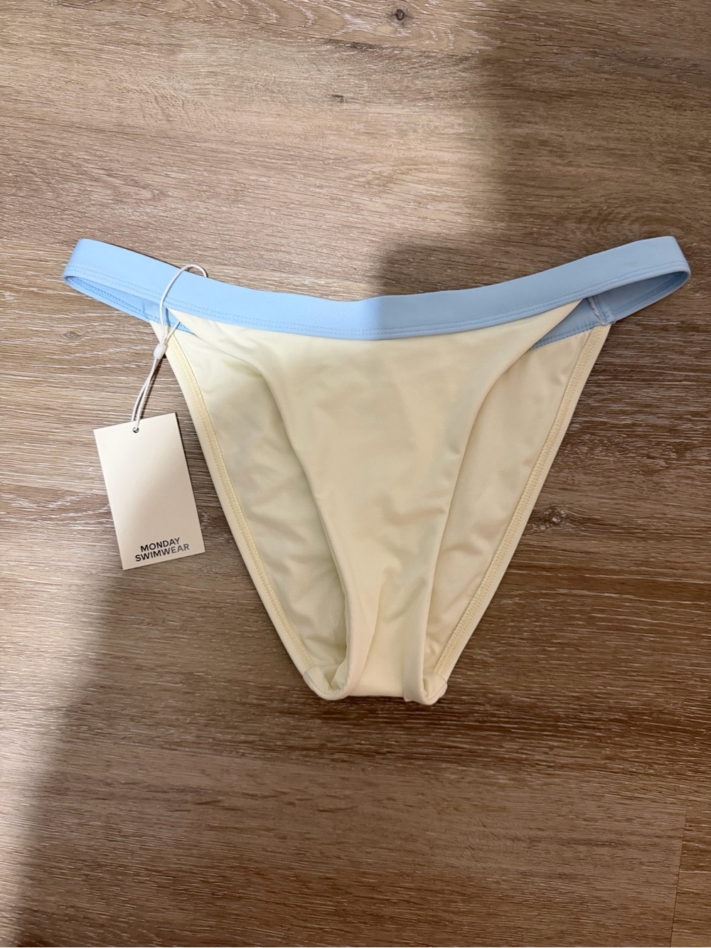 Monday Swimwear Two-Tone Cream Bikini Bottom with Light Blue Waistband